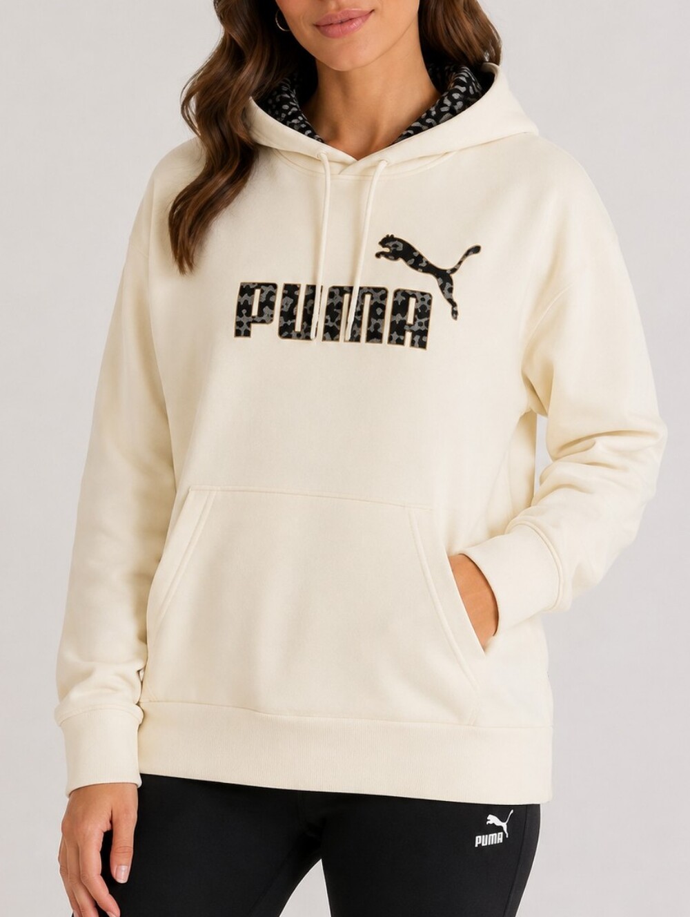 PUMA | Women's Ivory Glow Leopard-Lined Pullover Hoodie Size L NWT
